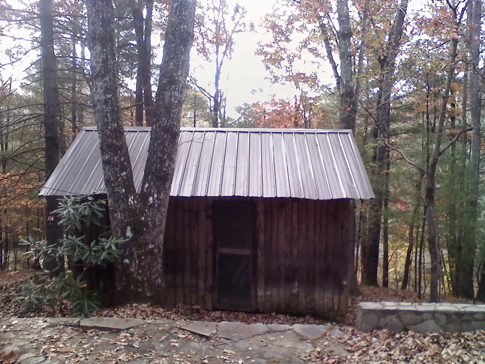 New metal gable roof on a small log shed among the trees in Morristown